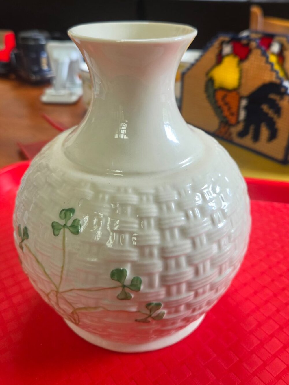 vintage Belleek Irish shamrock basketweave vase
